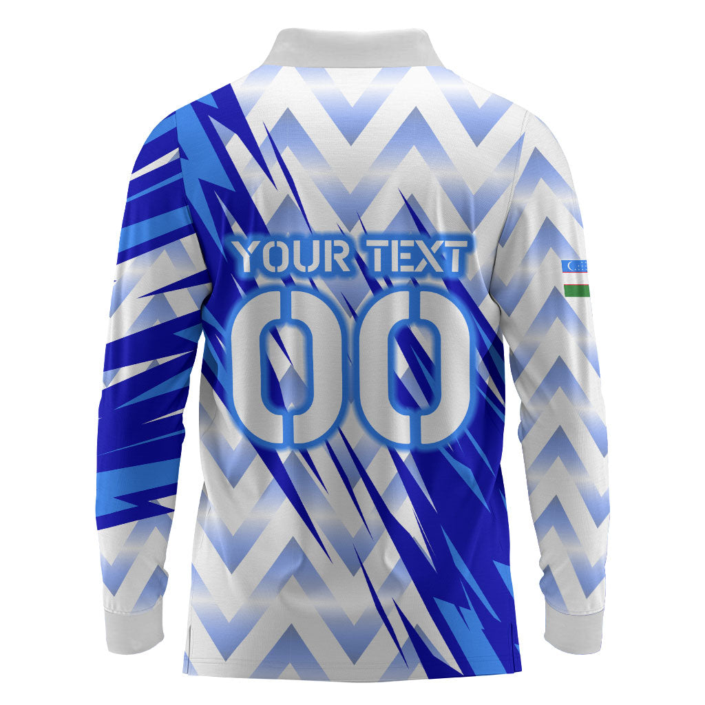 Personalized Uzbekistan Soccer Long Sleeve Polo Shirt Wolf Mascot Chevron Zigzag Pattern