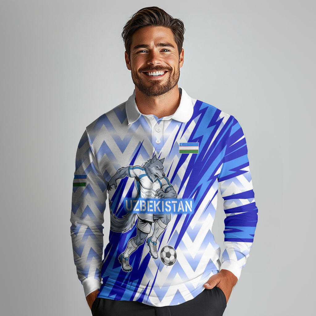 Personalized Uzbekistan Soccer Long Sleeve Polo Shirt Wolf Mascot Chevron Zigzag Pattern