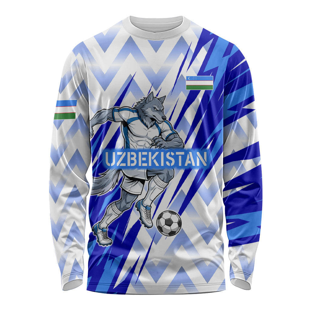 Personalized Uzbekistan Soccer Long Sleeve Shirt Wolf Mascot Chevron Zigzag Pattern