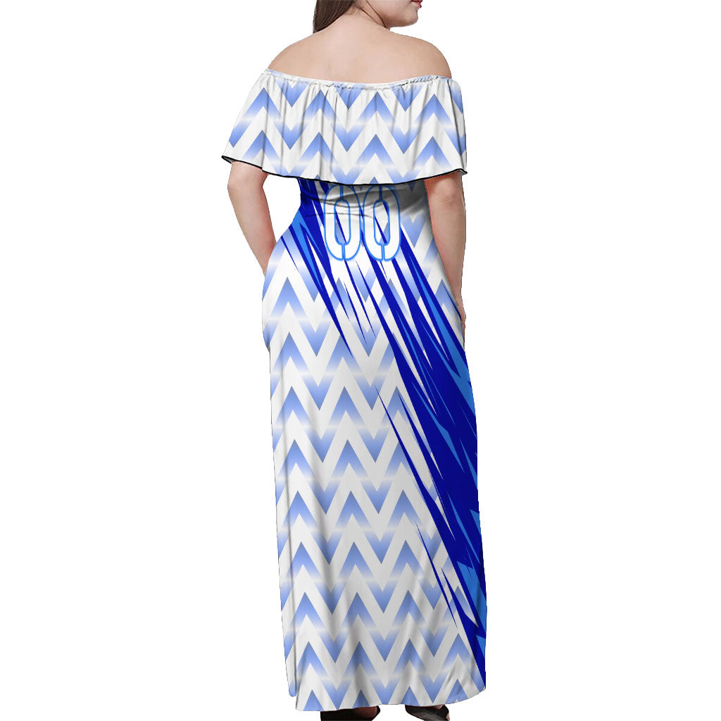 Personalized Uzbekistan Soccer Off Shoulder Maxi Dress Wolf Mascot Chevron Zigzag Pattern