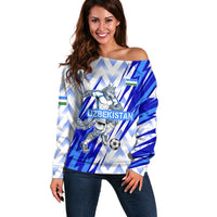Personalized Uzbekistan Soccer Off Shoulder Sweater Wolf Mascot Chevron Zigzag Pattern