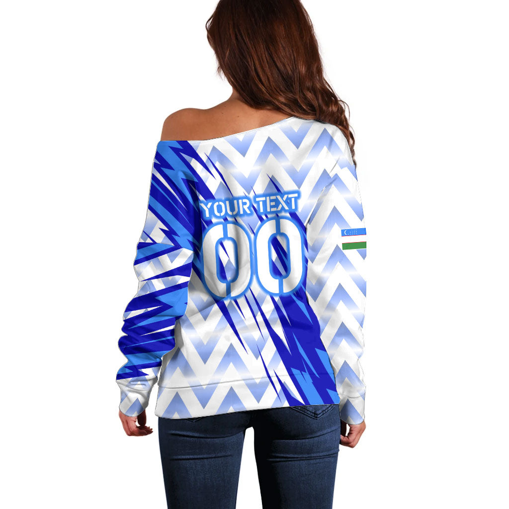 Personalized Uzbekistan Soccer Off Shoulder Sweater Wolf Mascot Chevron Zigzag Pattern