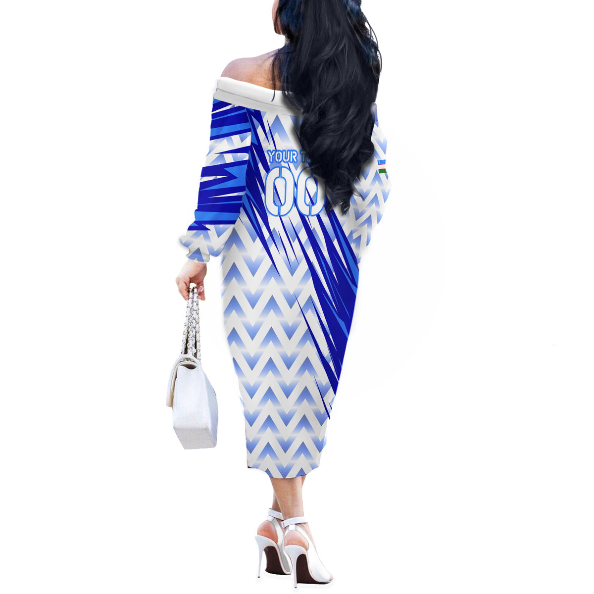 Personalized Uzbekistan Soccer Off The Shoulder Long Sleeve Dress Wolf Mascot Chevron Zigzag Pattern