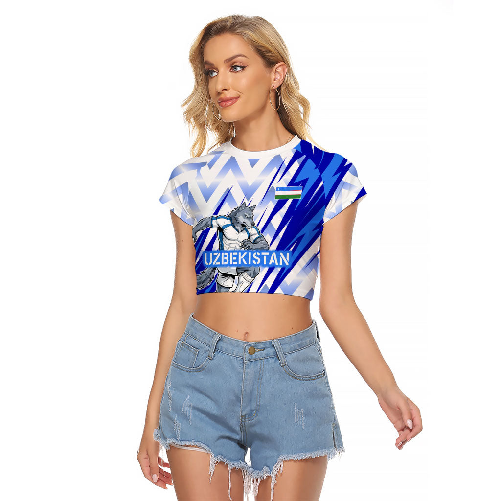 Personalized Uzbekistan Soccer Raglan Cropped T Shirt Wolf Mascot Chevron Zigzag Pattern