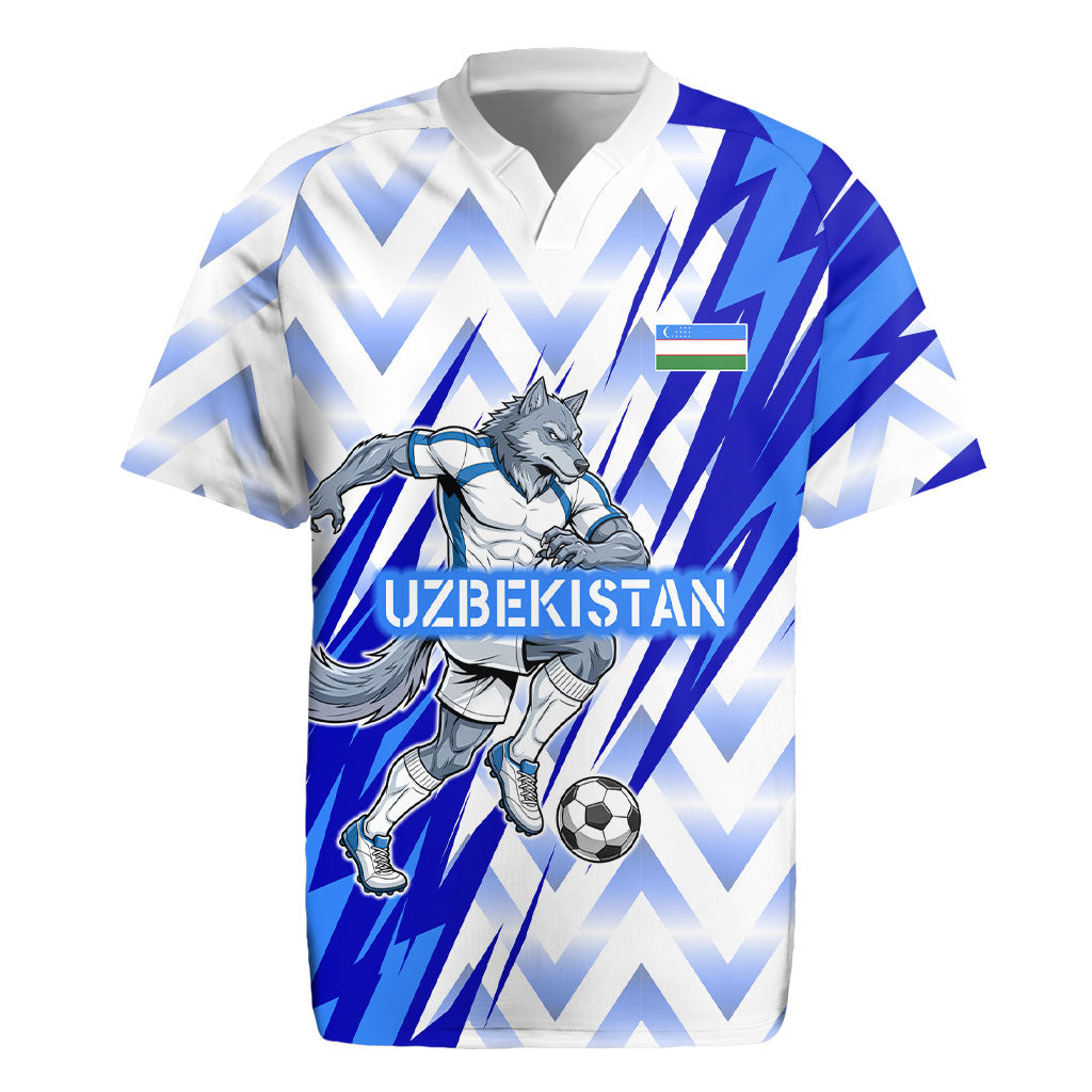 Personalized Uzbekistan Soccer Rugby Jersey Wolf Mascot Chevron Zigzag Pattern