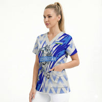 Personalized Uzbekistan Soccer Scrub Top Wolf Mascot Chevron Zigzag Pattern