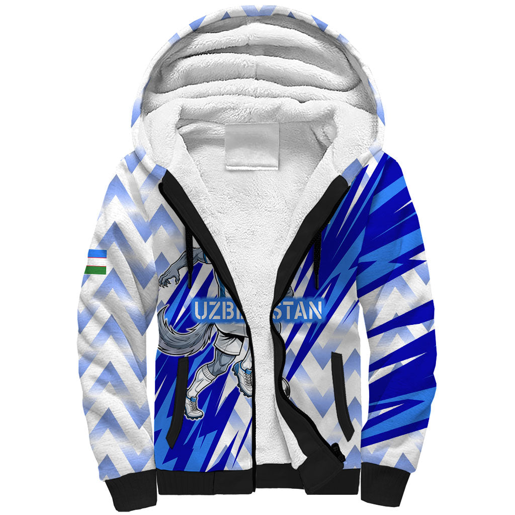 Personalized Uzbekistan Soccer Sherpa Hoodie Wolf Mascot Chevron Zigzag Pattern