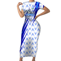 Personalized Uzbekistan Soccer Short Sleeve Bodycon Dress Wolf Mascot Chevron Zigzag Pattern