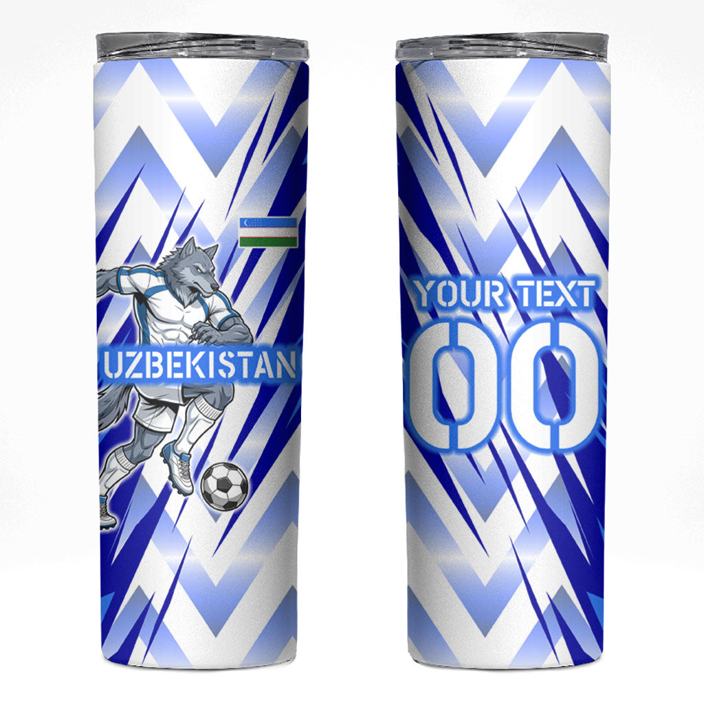Personalized Uzbekistan Soccer Skinny Tumbler Wolf Mascot Chevron Zigzag Pattern