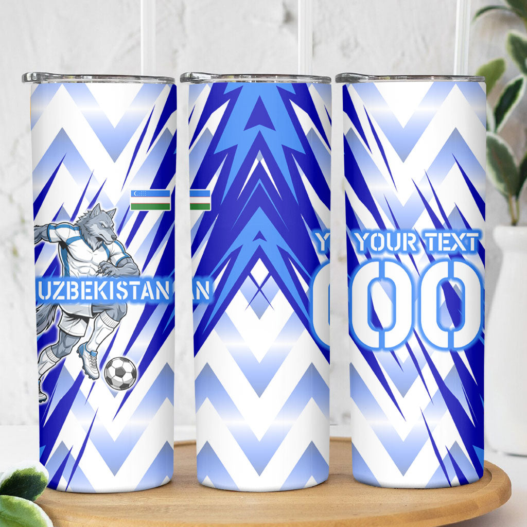 Personalized Uzbekistan Soccer Skinny Tumbler Wolf Mascot Chevron Zigzag Pattern