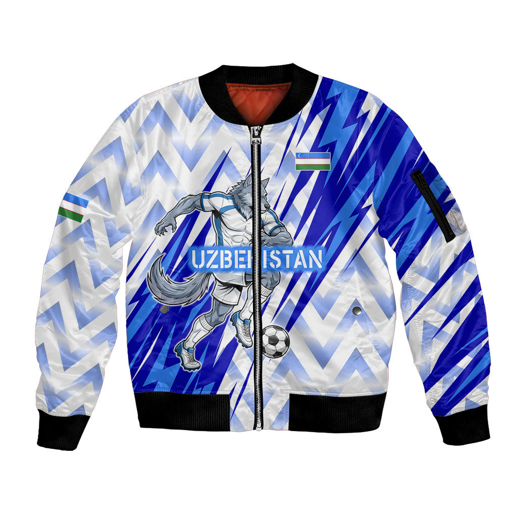 Personalized Uzbekistan Soccer Sleeve Zip Bomber Jacket Wolf Mascot Chevron Zigzag Pattern