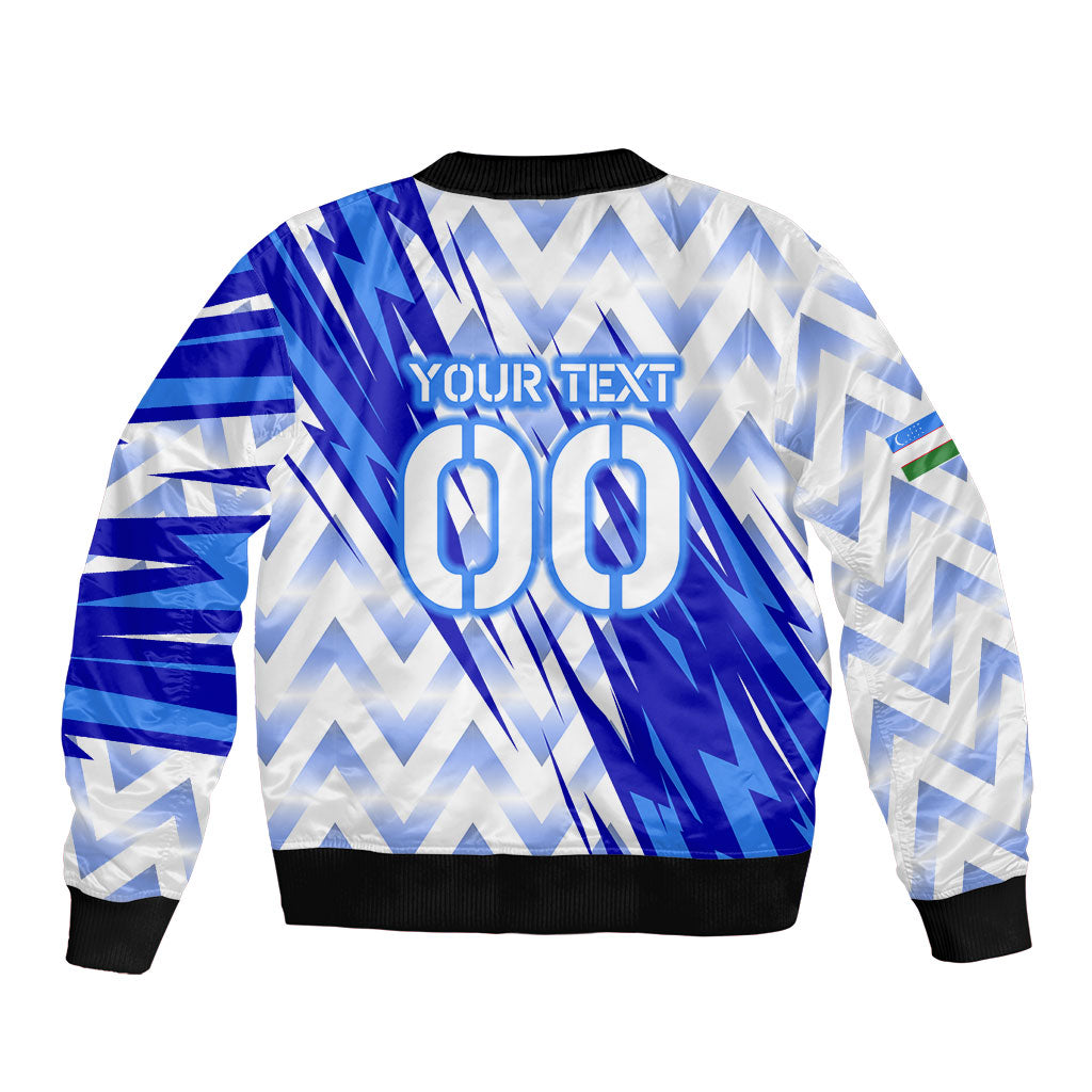 Personalized Uzbekistan Soccer Sleeve Zip Bomber Jacket Wolf Mascot Chevron Zigzag Pattern