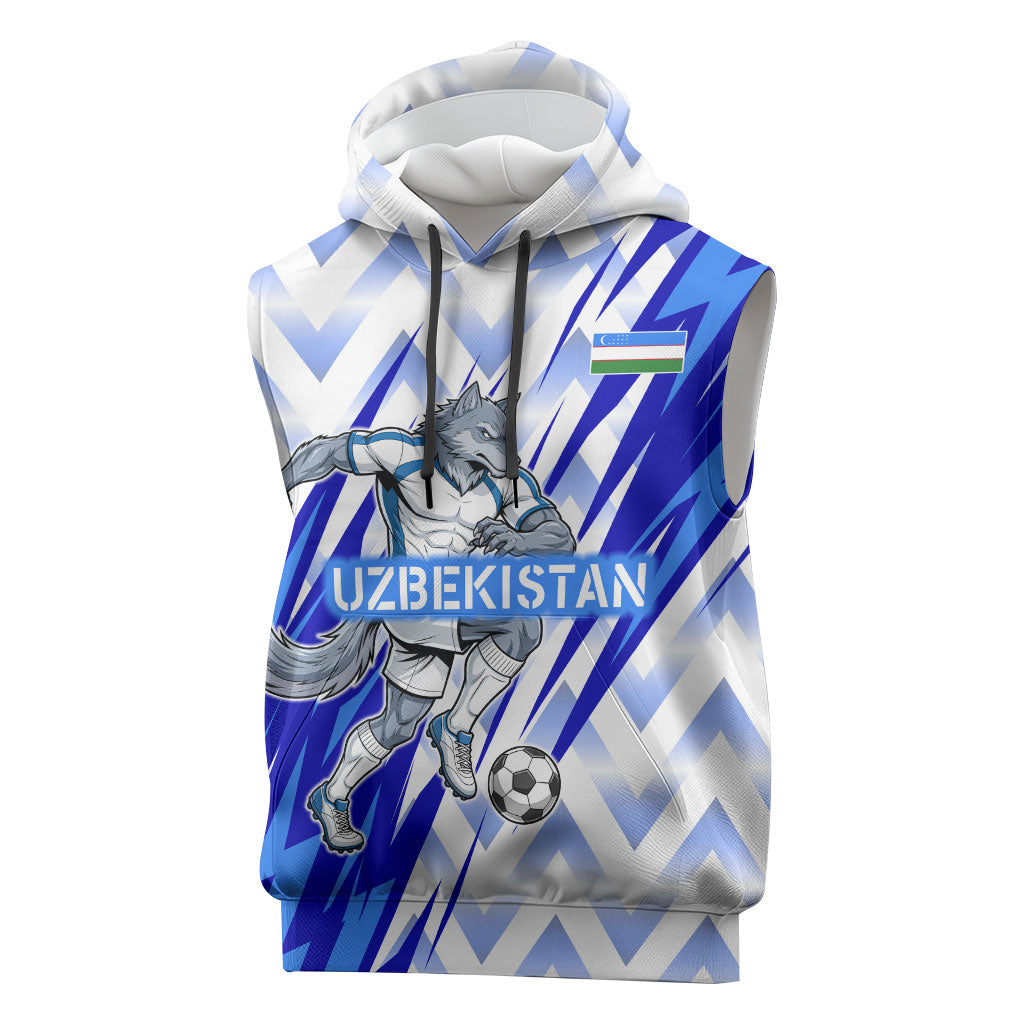 Personalized Uzbekistan Soccer Sleeveless Hoodie Wolf Mascot Chevron Zigzag Pattern