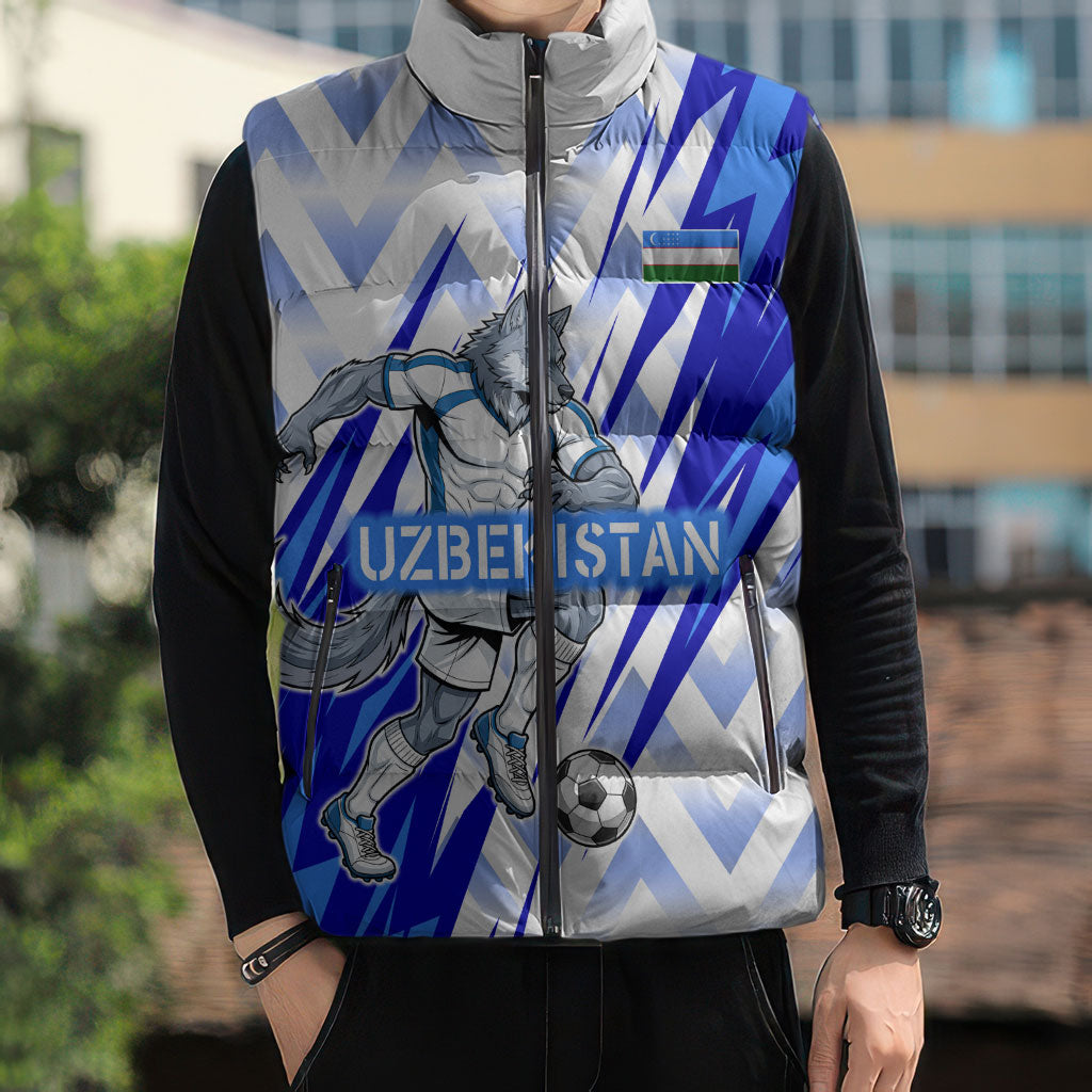 Personalized Uzbekistan Soccer Sleeveless Puffer Jacket Wolf Mascot Chevron Zigzag Pattern
