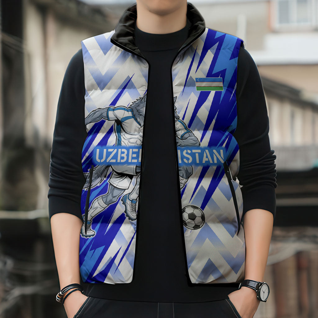 Personalized Uzbekistan Soccer Sleeveless Puffer Jacket Wolf Mascot Chevron Zigzag Pattern