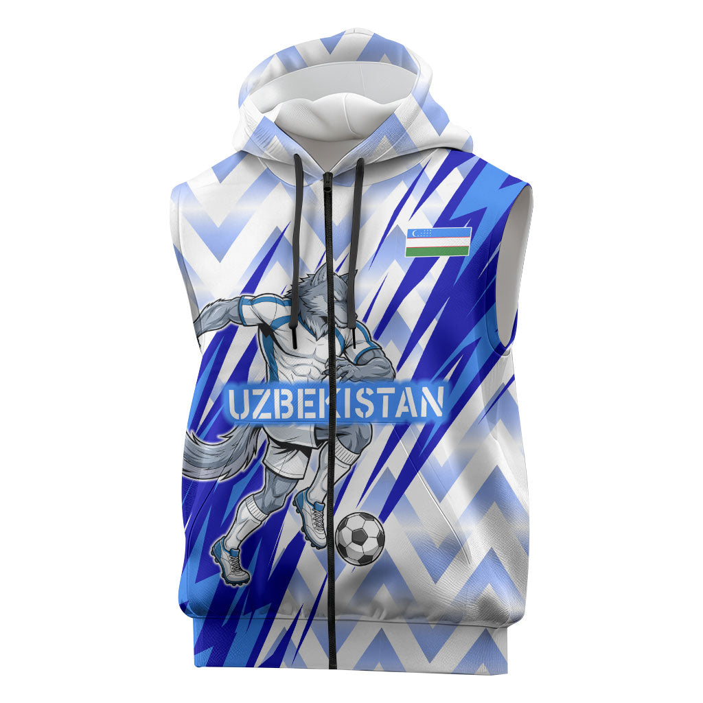 Personalized Uzbekistan Soccer Sleeveless Zip Hoodie Wolf Mascot Chevron Zigzag Pattern