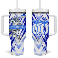 Personalized Uzbekistan Soccer Tumbler With Handle Wolf Mascot Chevron Zigzag Pattern