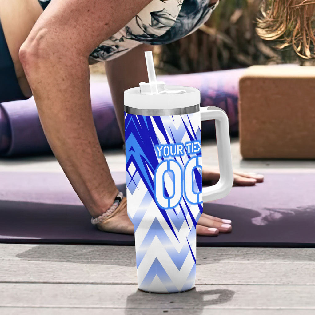 Personalized Uzbekistan Soccer Tumbler With Handle Wolf Mascot Chevron Zigzag Pattern
