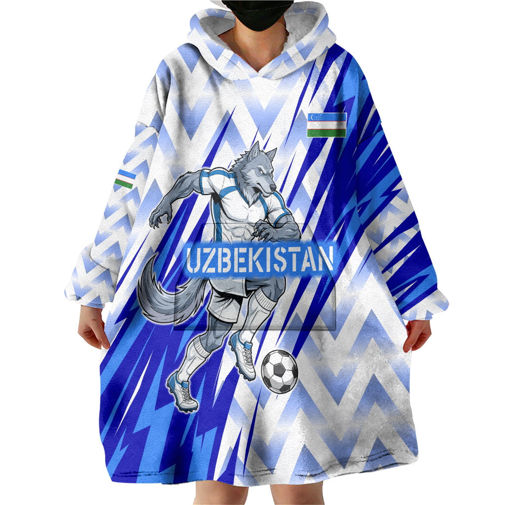 Personalized Uzbekistan Soccer Wearable Blanket Hoodie Wolf Mascot Chevron Zigzag Pattern