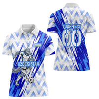 Personalized Uzbekistan Soccer Women Polo Shirt Wolf Mascot Chevron Zigzag Pattern