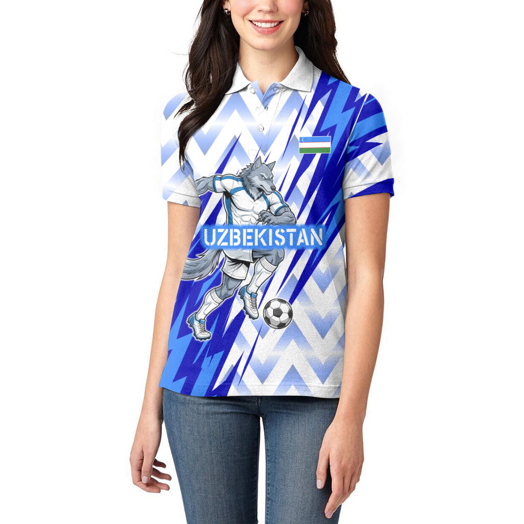 Personalized Uzbekistan Soccer Women Polo Shirt Wolf Mascot Chevron Zigzag Pattern