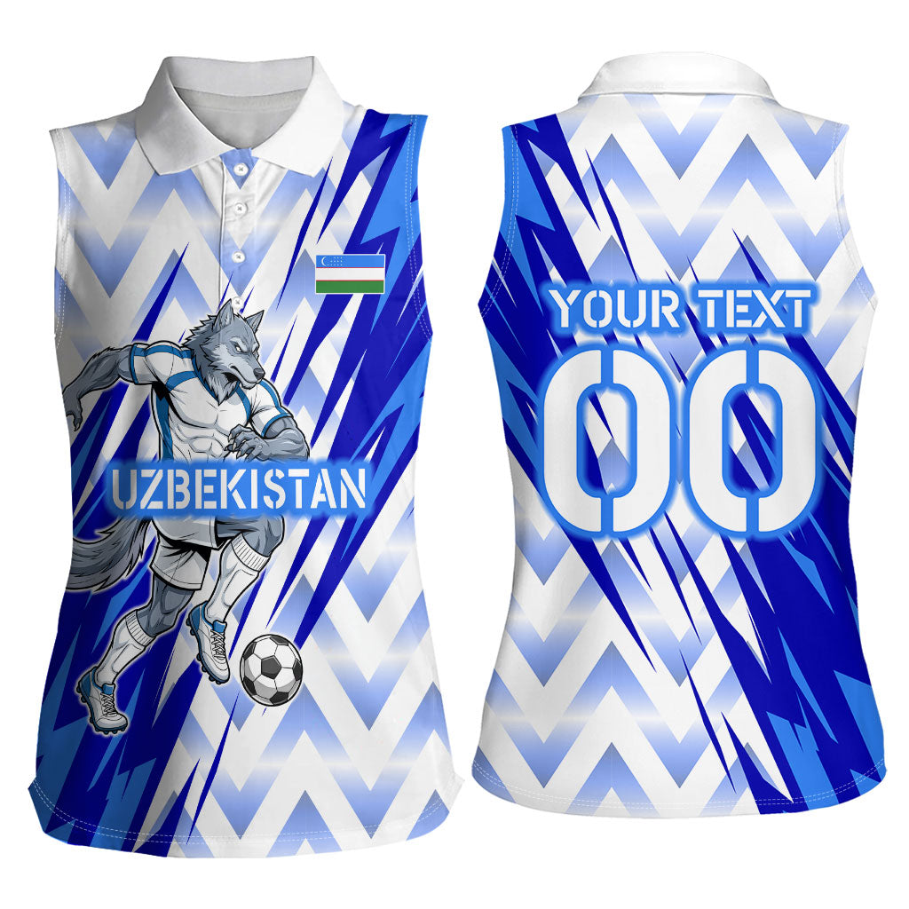 Personalized Uzbekistan Soccer Women Sleeveless Polo Shirt Wolf Mascot Chevron Zigzag Pattern