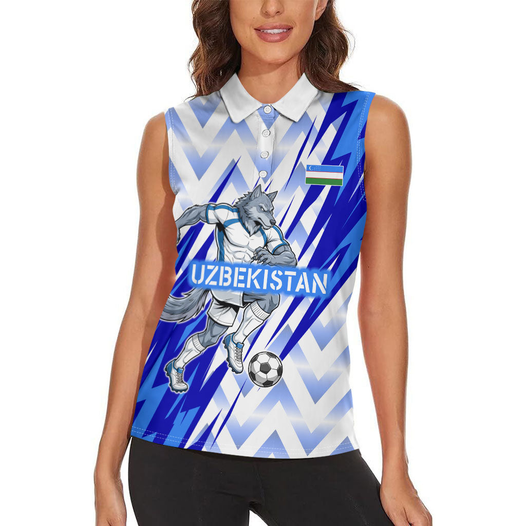 Personalized Uzbekistan Soccer Women Sleeveless Polo Shirt Wolf Mascot Chevron Zigzag Pattern