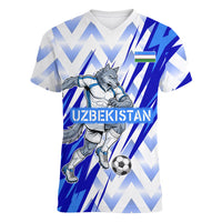 Personalized Uzbekistan Soccer Women V-Neck T-Shirt Wolf Mascot Chevron Zigzag Pattern