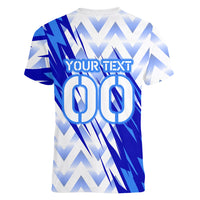 Personalized Uzbekistan Soccer Women V-Neck T-Shirt Wolf Mascot Chevron Zigzag Pattern