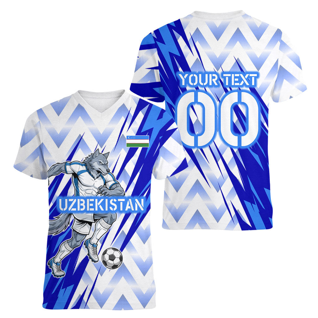 Personalized Uzbekistan Soccer Women V-Neck T-Shirt Wolf Mascot Chevron Zigzag Pattern