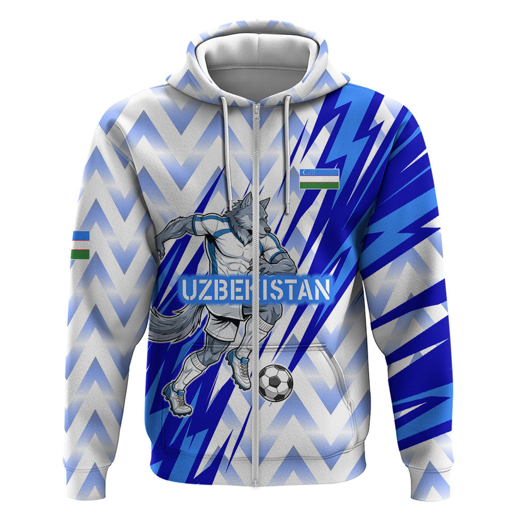 Personalized Uzbekistan Soccer Zip Hoodie Wolf Mascot Chevron Zigzag Pattern