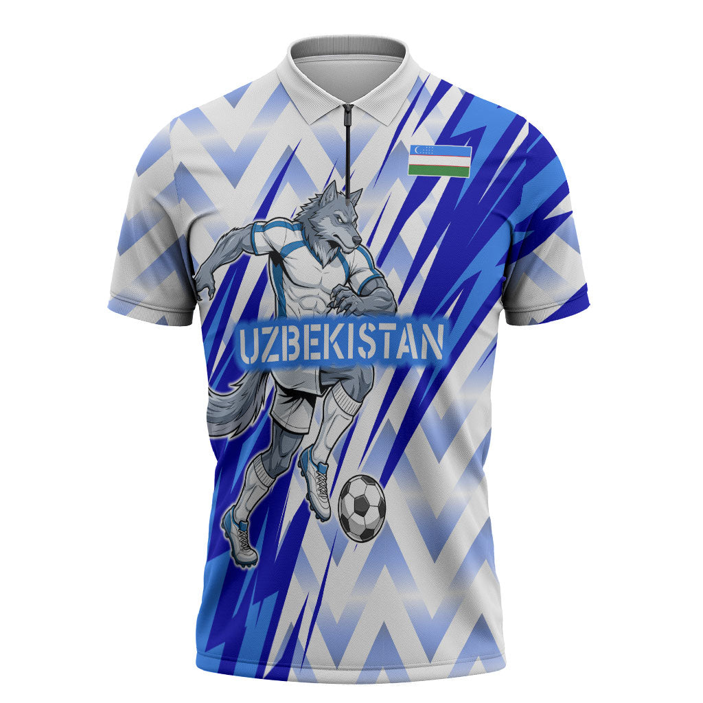 Personalized Uzbekistan Soccer Zipper Polo Shirt Wolf Mascot Chevron Zigzag Pattern