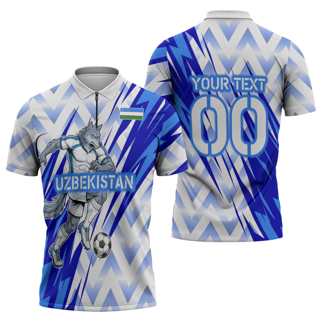 Personalized Uzbekistan Soccer Zipper Polo Shirt Wolf Mascot Chevron Zigzag Pattern