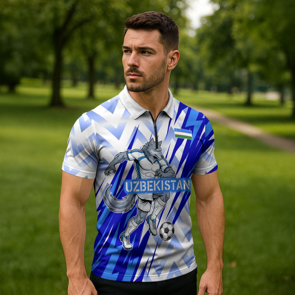Personalized Uzbekistan Soccer Zipper Polo Shirt Wolf Mascot Chevron Zigzag Pattern