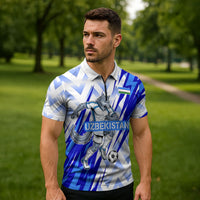 Personalized Uzbekistan Soccer Zipper Polo Shirt Wolf Mascot Chevron Zigzag Pattern