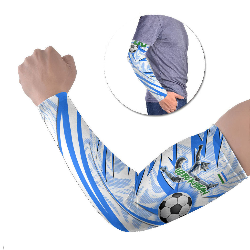 Personalized Uzbekistan Soccer Arm Sleeves White Wolves Football Halftone Pattern