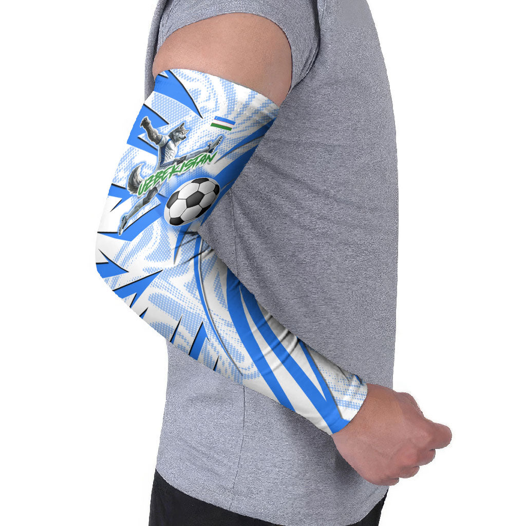 Personalized Uzbekistan Soccer Arm Sleeves White Wolves Football Halftone Pattern
