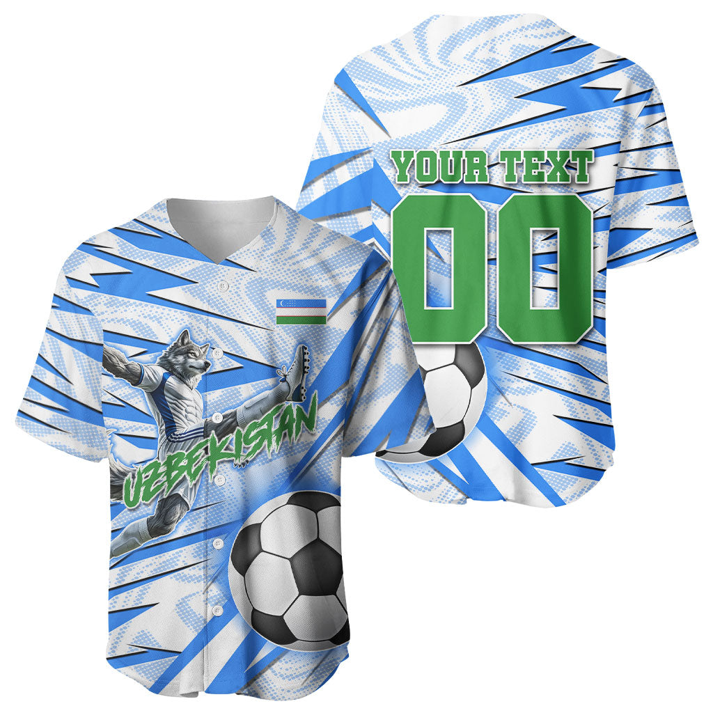 Personalized Uzbekistan Soccer Baseball Jersey White Wolves Football Halftone Pattern