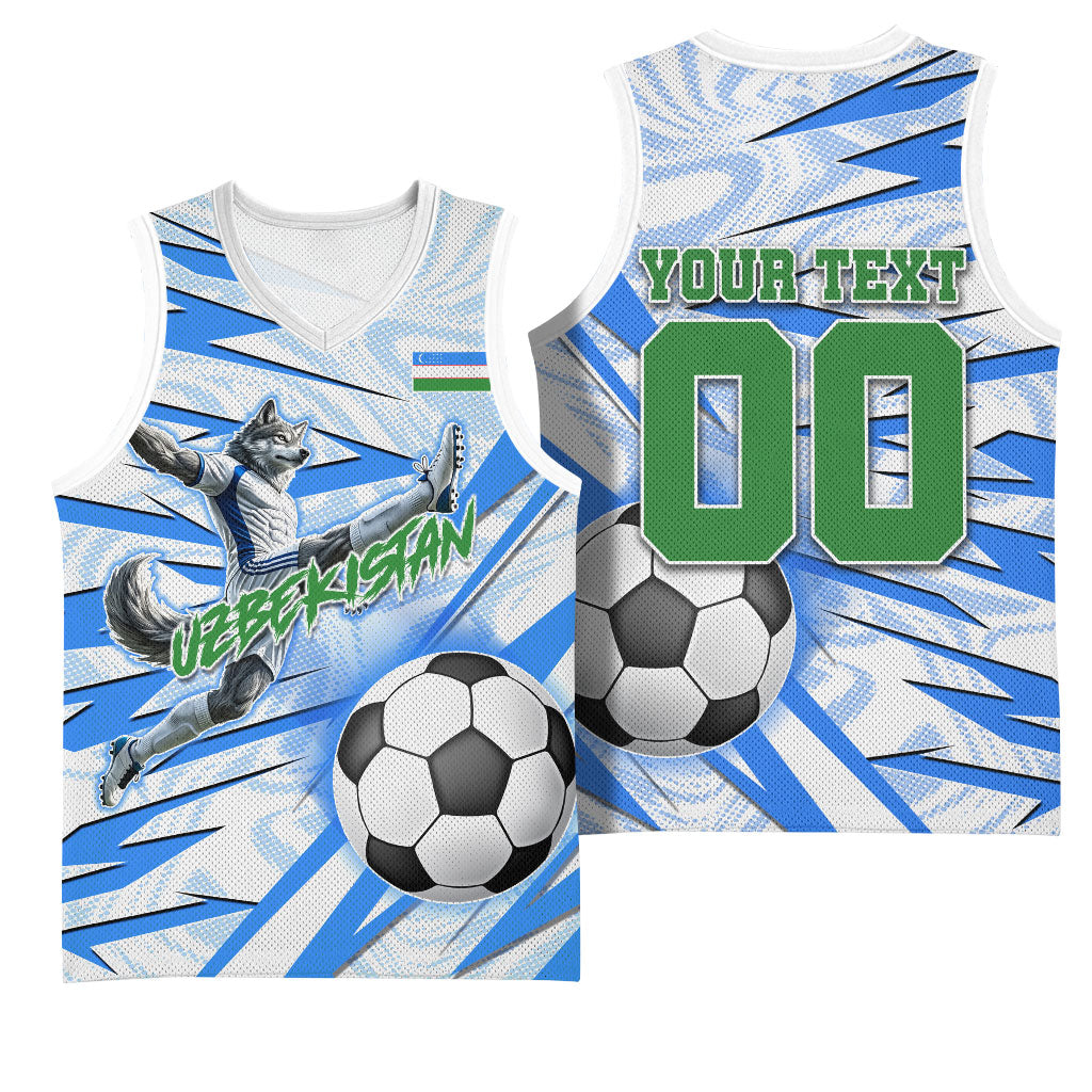 Personalized Uzbekistan Soccer Basketball Jersey White Wolves Football Halftone Pattern