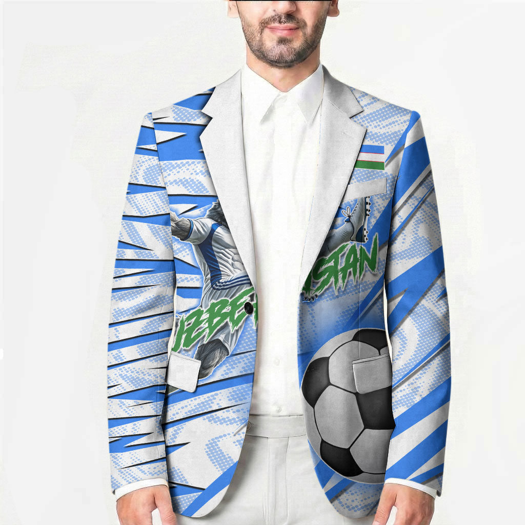 Personalized Uzbekistan Soccer Blazer White Wolves Football Halftone Pattern