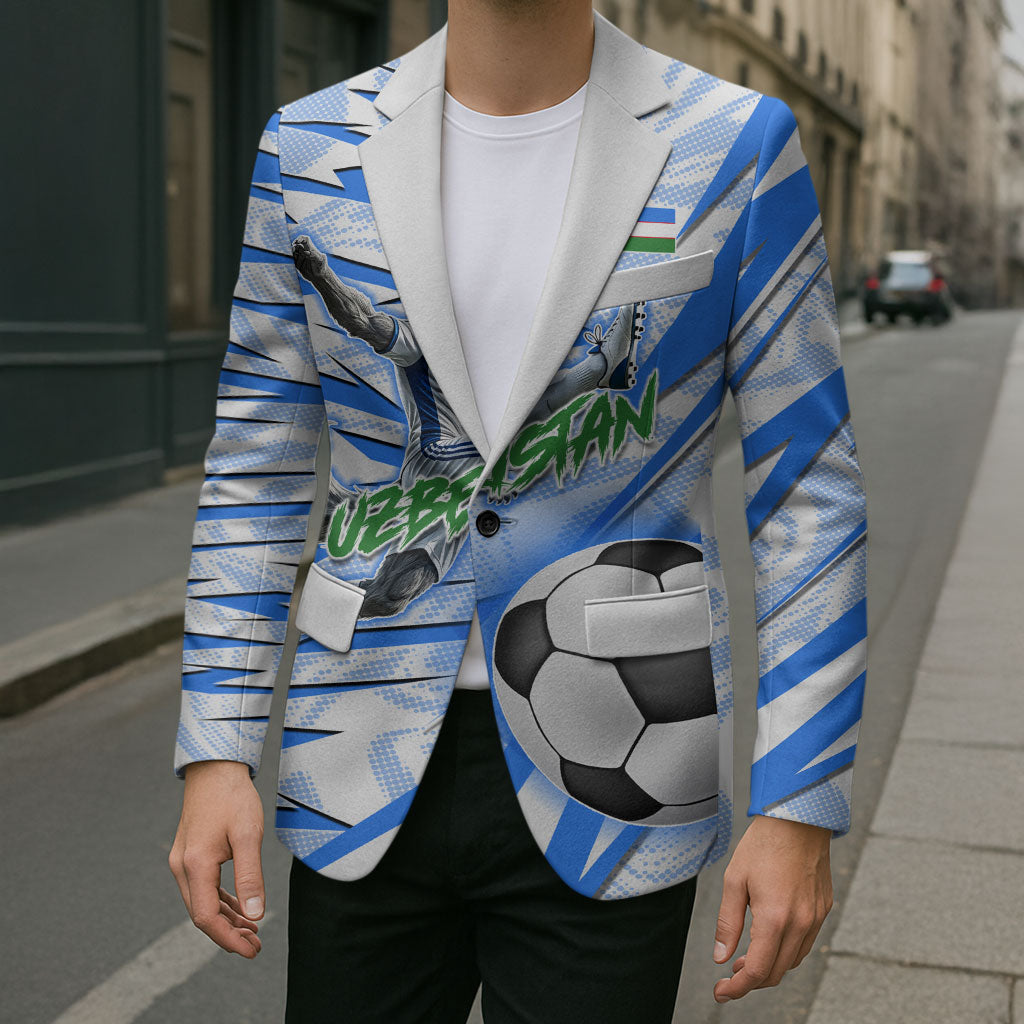Personalized Uzbekistan Soccer Blazer White Wolves Football Halftone Pattern