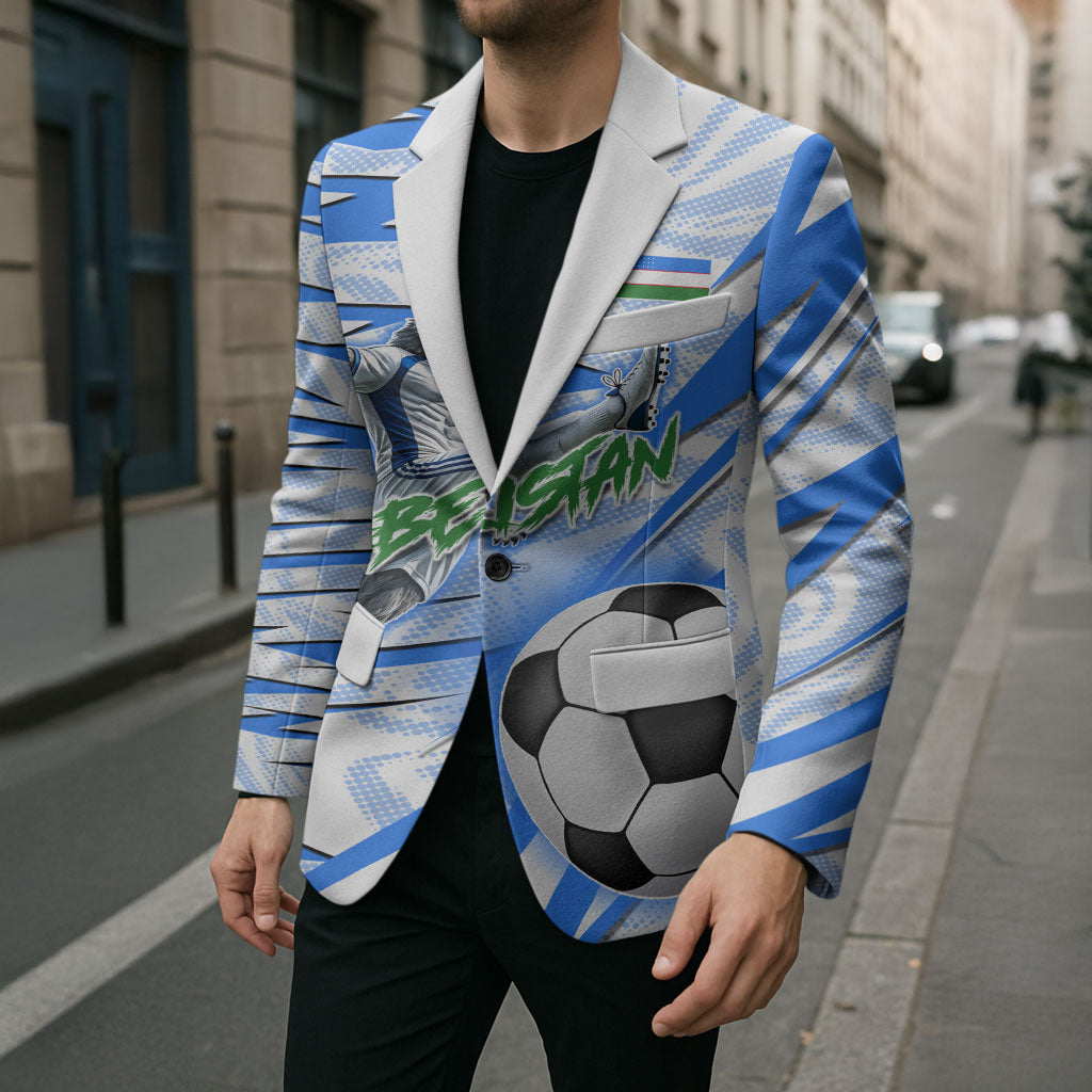 Personalized Uzbekistan Soccer Blazer White Wolves Football Halftone Pattern