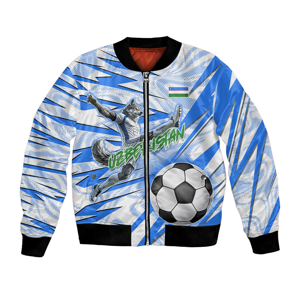 Personalized Uzbekistan Soccer Bomber Jacket White Wolves Football Halftone Pattern