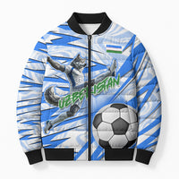 Personalized Uzbekistan Soccer Bomber Puffer Jacket White Wolves Football Halftone Pattern
