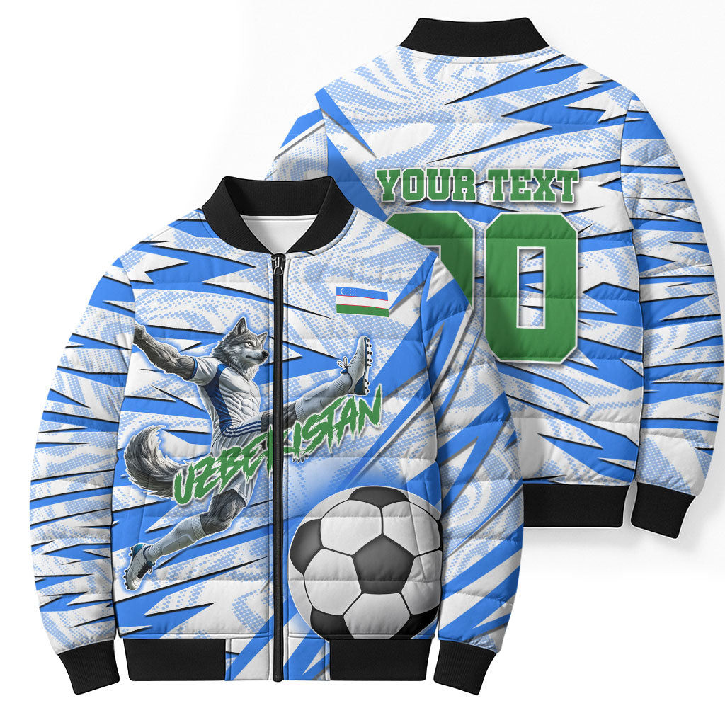 Personalized Uzbekistan Soccer Bomber Puffer Jacket White Wolves Football Halftone Pattern