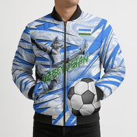 Personalized Uzbekistan Soccer Bomber Puffer Jacket White Wolves Football Halftone Pattern