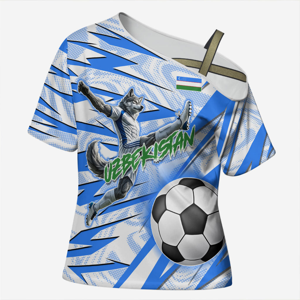 Personalized Uzbekistan Soccer Cross Shoulder Shirt White Wolves Football Halftone Pattern