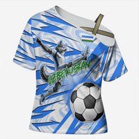Personalized Uzbekistan Soccer Cross Shoulder Shirt White Wolves Football Halftone Pattern