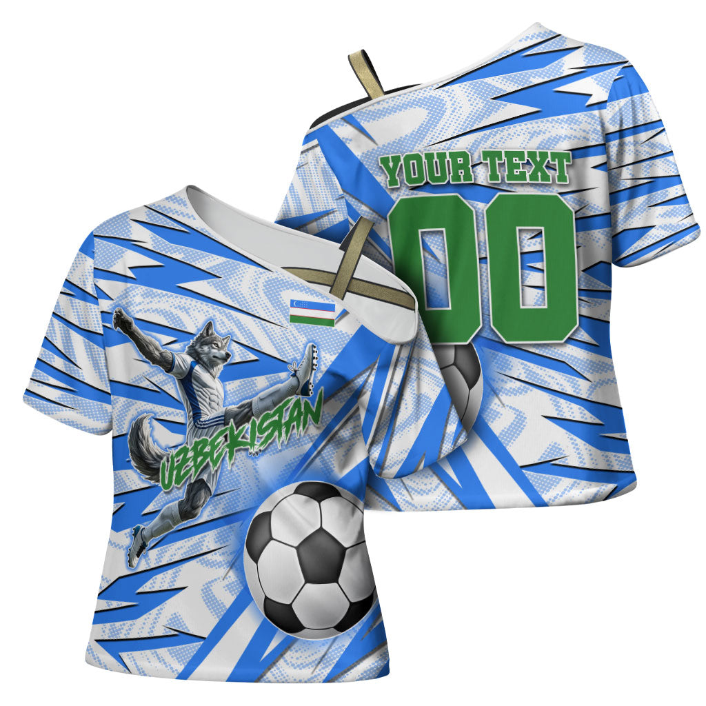Personalized Uzbekistan Soccer Cross Shoulder Shirt White Wolves Football Halftone Pattern