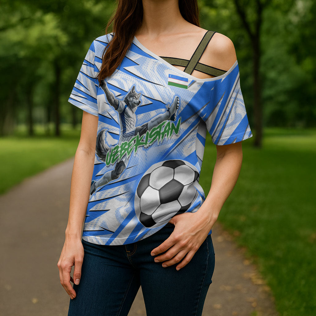 Personalized Uzbekistan Soccer Cross Shoulder Shirt White Wolves Football Halftone Pattern